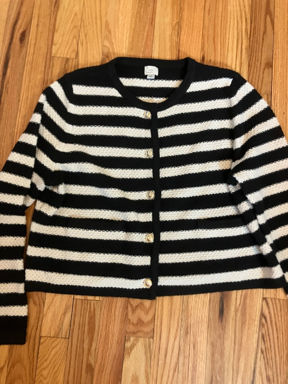 Black & White Striped Crewneck Cardigan Sweater